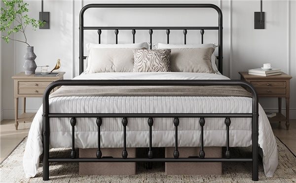 Classic Queen Size Iron Platform Bed with High Headboard and Footboard
