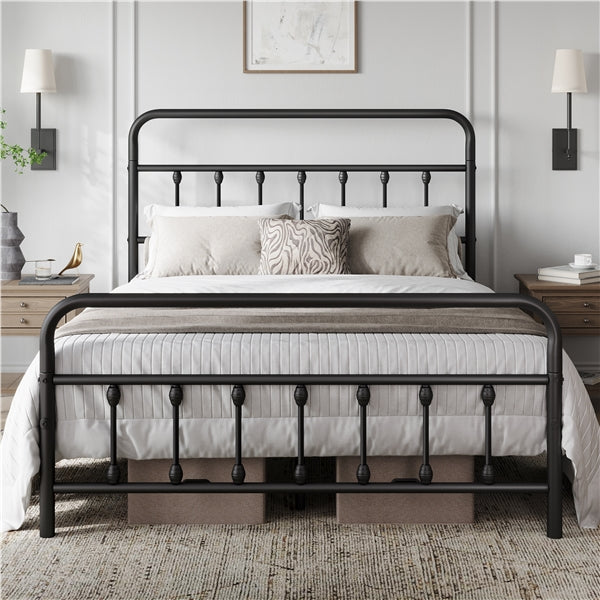 Classic Queen Size Iron Platform Bed with High Headboard and Footboard