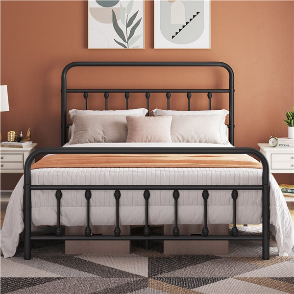 Classic Queen Size Iron Platform Bed with High Headboard and Footboard
