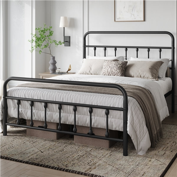 Classic Queen Size Iron Platform Bed with High Headboard and Footboard