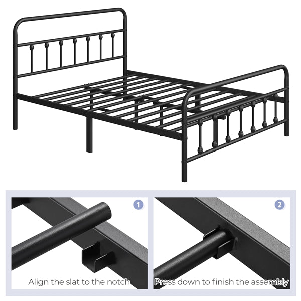 Classic Queen Size Iron Platform Bed with High Headboard and Footboard