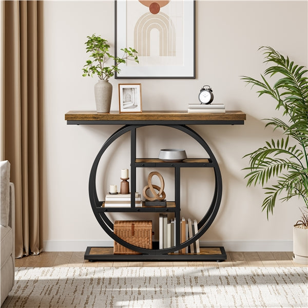 4-Tier Rustic Industrial Console Table Hall Table with Display Shelves