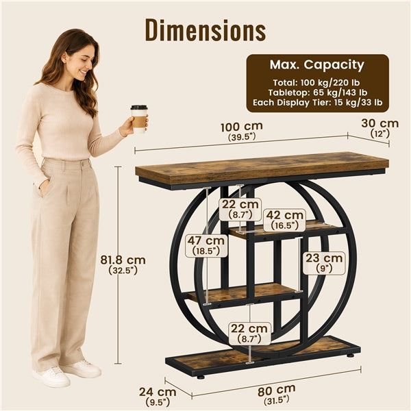 4-Tier Rustic Industrial Console Table Hall Table with Display Shelves