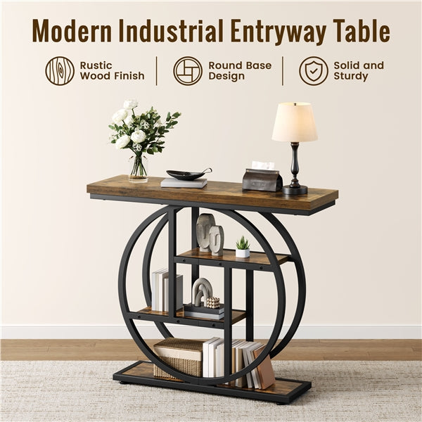 4-Tier Rustic Industrial Console Table Hall Table with Display Shelves