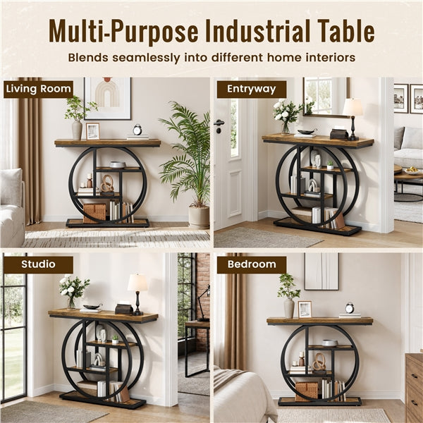 4-Tier Rustic Industrial Console Table Hall Table with Display Shelves