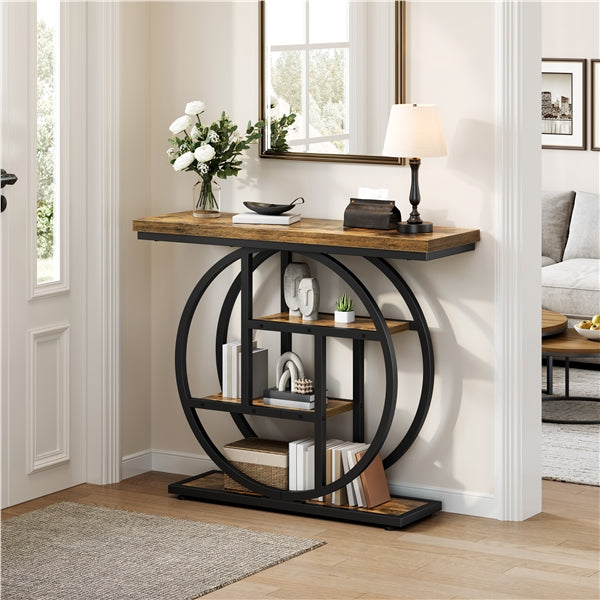 4-Tier Rustic Industrial Console Table Hall Table with Display Shelves