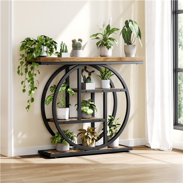 4-Tier Rustic Industrial Console Table Hall Table with Display Shelves