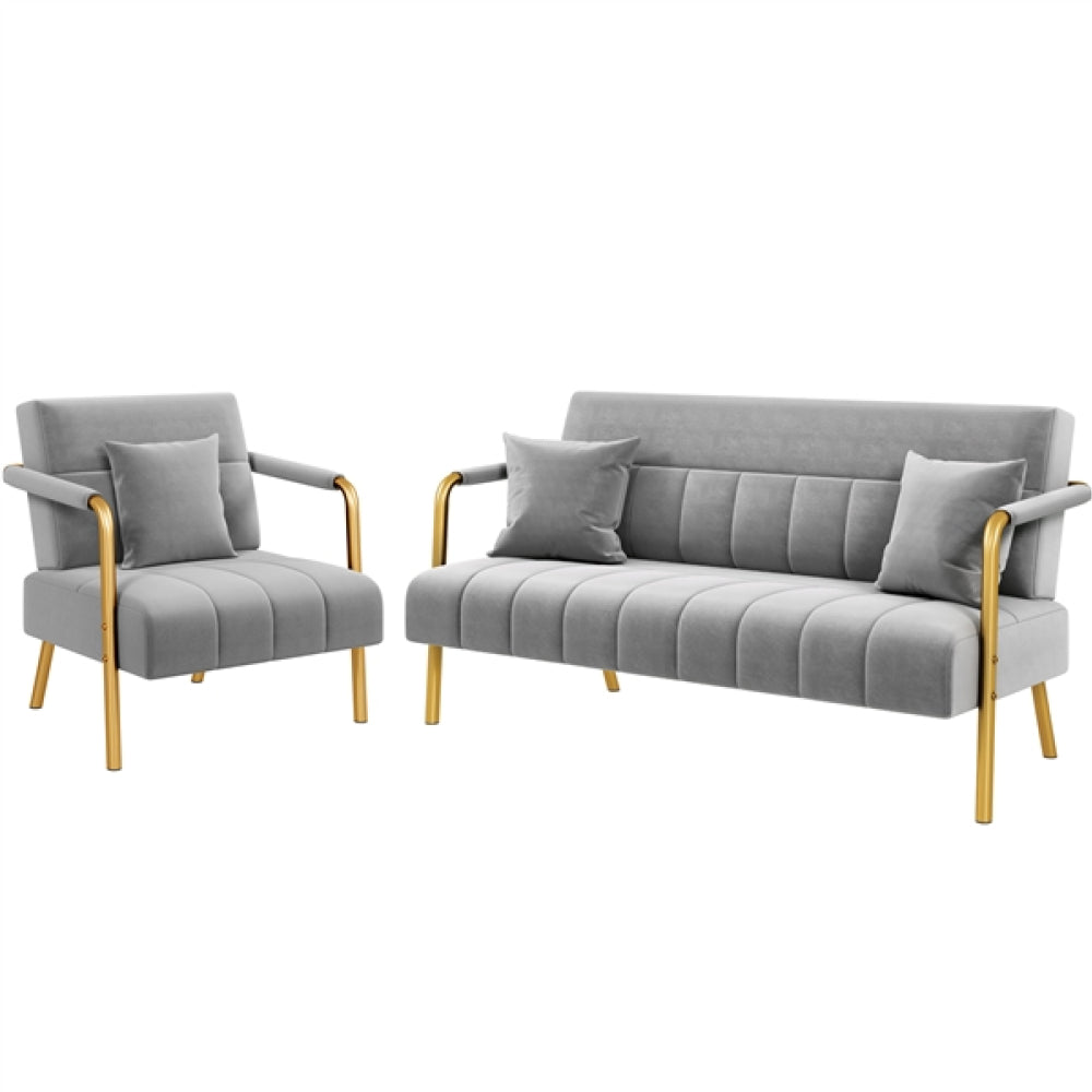 Velvet Upholstered Sofa Couch + Accent Armchair Lounge Chair
