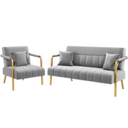 Velvet Upholstered Sofa Couch + Accent Armchair Lounge Chair