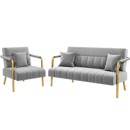 Velvet Upholstered Sofa Couch + Accent Armchair Lounge Chair