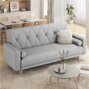 Button-tufted Fabric 3-Seater Sofa Bed W/ 2 Bolster Pillows
