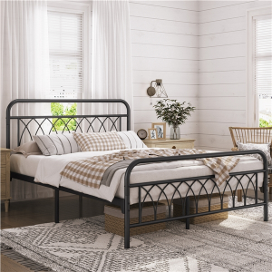 Metal Platform Bed Frame with Petal Accented Headboard and Footboard